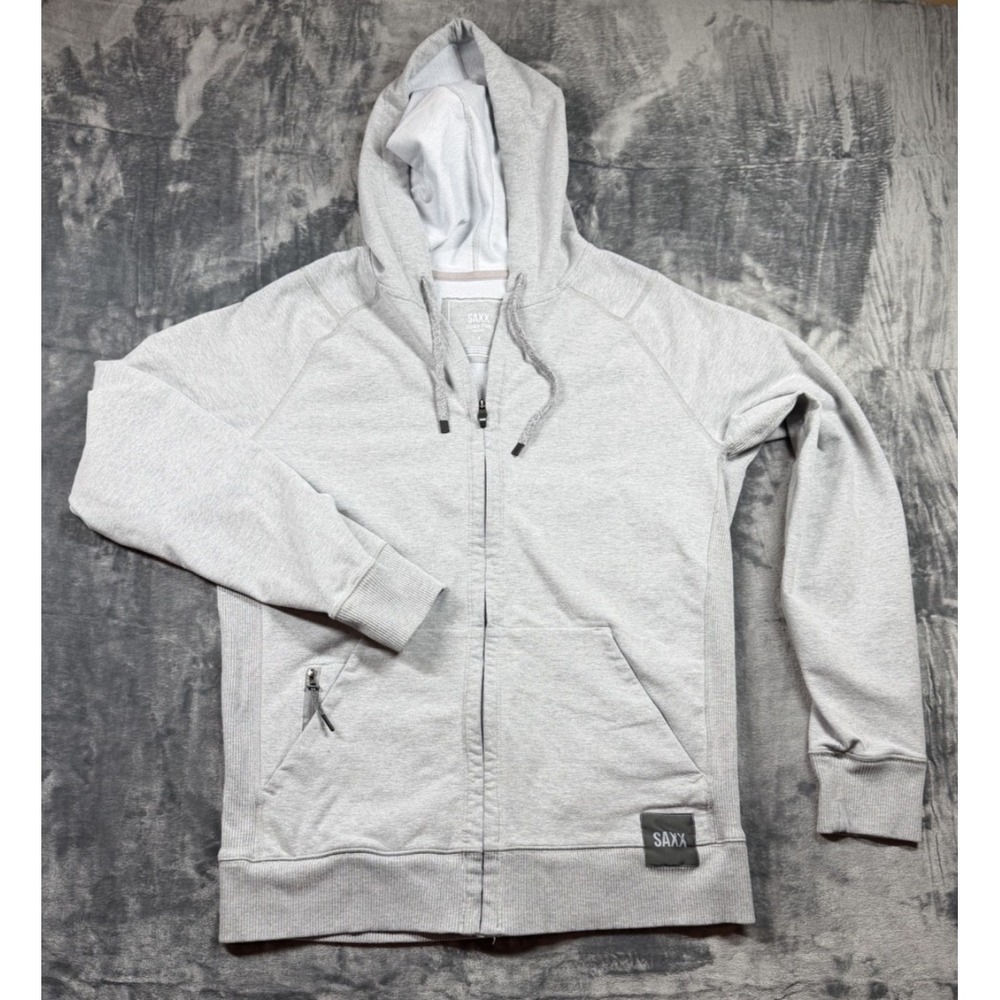 SAXX Down Time Hoodie Mens S Gray Full Zip Cotton Stretch Hooded Sweatshirt